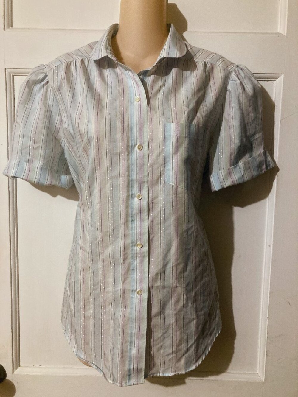 CLASSIC ELEGANCE Women's Vintage 80s Button-Down Striped Metallic SSl Blouse~16